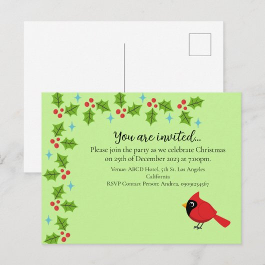 Schattige Cartoon Rode Kardinaal met Bloemen Uitnodiging Briefkaart (Voorkant / Achterkant)