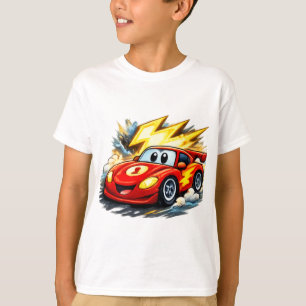 Schattige Cartoon Rode Raceauto met Bliksemschicht T-shirt