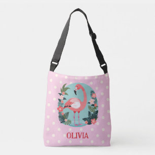 Schattige Cartoon Roze Bloemige Flamingo met Stipp Crossbody Tas
