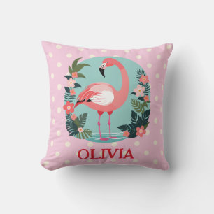 Schattige Cartoon Roze Bloemige Flamingo met Stipp Kussen