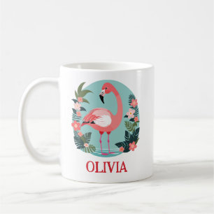Schattige Cartoon Roze Flamingo en Bloemen Koffiemok