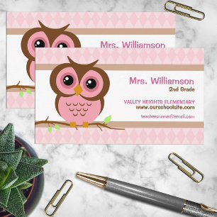 Schattige Cartoon Roze Uil Leraar Contact Visitekaartje