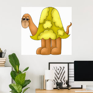 Schattige Cartoon Schildpad met Opgezwollen Groene Poster