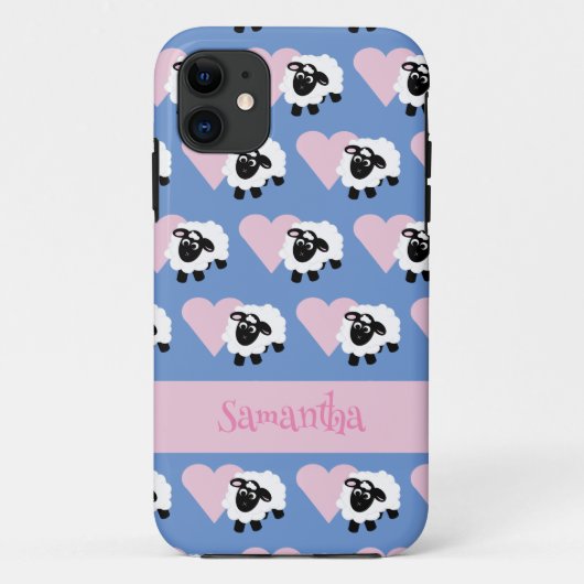 Schattige Cartoon Sheep Pink Heart Pattern Blauw Case-Mate iPhone Case (Achterkant)