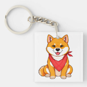 Schattige Cartoon Shiba Inu Hond met Rode Bandana Sleutelhanger