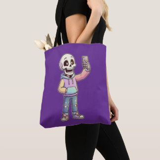 Schattige Cartoon Skelet Selfie - Volledige Lichaa Tote Bag