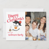 Schattige Cartoon Sneeuwman Gelukkig Kerstmis Foto Feestdagenkaart (Voorkant)