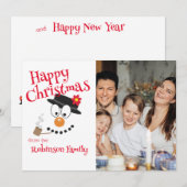 Schattige Cartoon Sneeuwman Gelukkig Kerstmis Foto Feestdagenkaart (Voorkant / Achterkant)