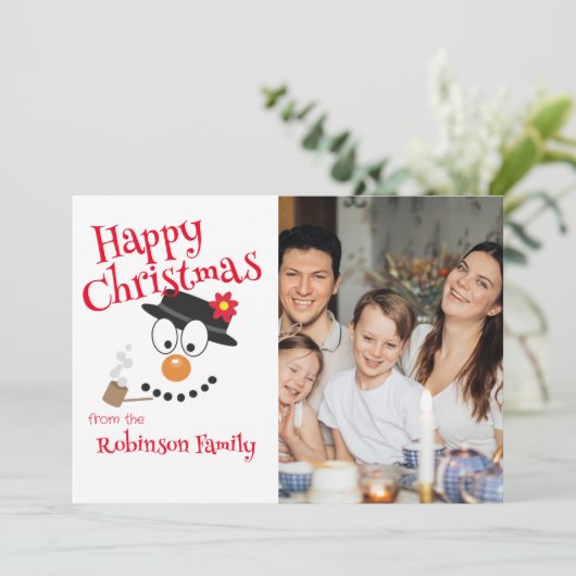 Schattige Cartoon Sneeuwman Gelukkig Kerstmis Foto Feestdagenkaart (Staand voorkant)