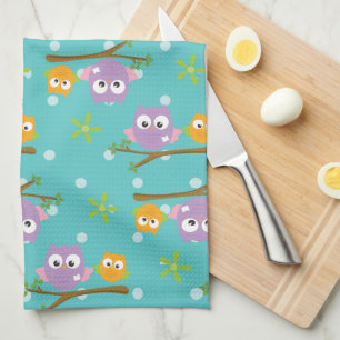 Schattige Cartoon Style Uilen op Branch Print Theedoek