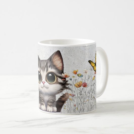 Schattige cartoon Tabby Cat, bloemen & vlinders Koffiemok (Voorkant rechts)