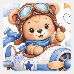 Schattige Cartoon Teddybeer Piloot Vliegend in Vli Vierkante Sticker