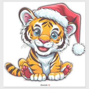Schattige cartoon tijgerwelp met een kerstmuts sticker