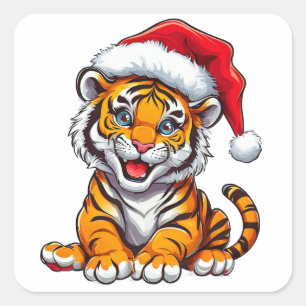 Schattige cartoon tijgerwelp met een kerstmuts vierkante sticker