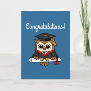 Schattige Cartoon Uil Afstudeercongratulaties Blau Kaart