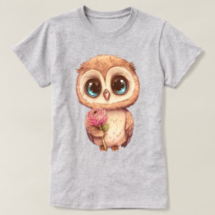 Schattige Cartoon uil met roze roos T-shirt