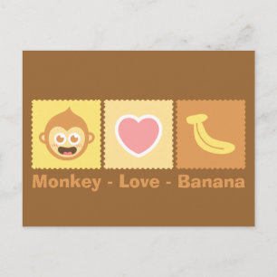 Schattige cartoon van aap, liefde en banaan briefkaart