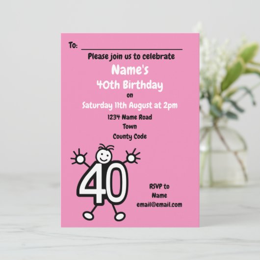 Schattige Cartoon Vrouw Funny 40th Birthday Party Kaart (Staand voorkant)