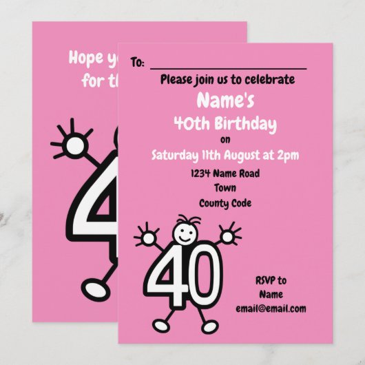 Schattige Cartoon Vrouw Funny 40th Birthday Party Kaart (Voorkant / Achterkant)