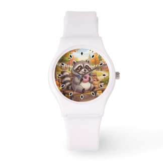 Schattige Cartoon Wasbeer Eet Aardbeien Donut  Horloge