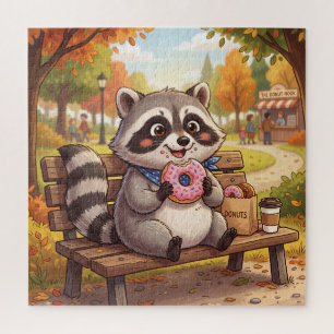 Schattige Cartoon Wasbeer Eet Aardbeien Donut Legpuzzel