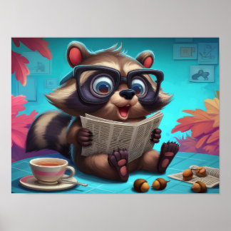 Schattige Cartoon Wasbeer Leest een Krant met Thee Poster