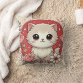 Schattige Cartoon Witte Kitten Omringd Door Rozen Kussen (Deken)