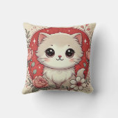 Schattige Cartoon Witte Kitten Omringd Door Rozen Kussen (Achterkant)