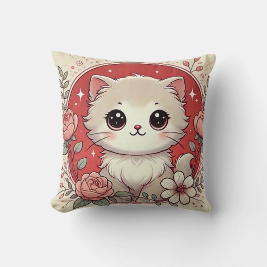 Schattige Cartoon Witte Kitten Omringd Door Rozen Kussen (Voorkant)