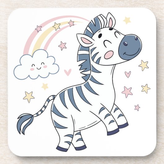 Schattige Cartoon Zebra met regenboog en sterren | Bier Onderzetter (Voorkant)