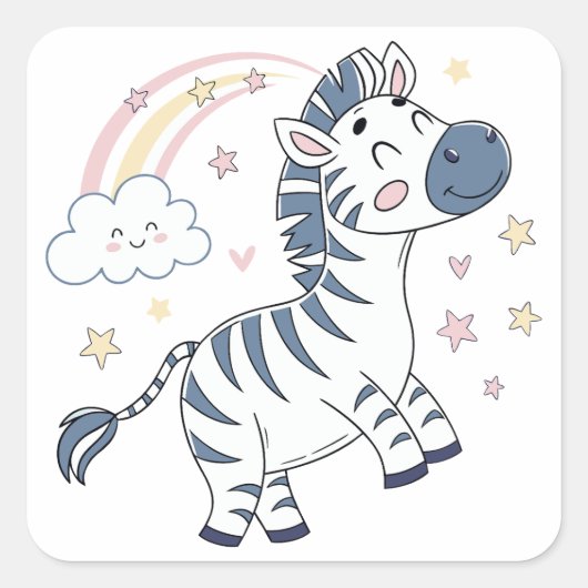 Schattige Cartoon Zebra met regenboog en sterren | Vierkante Sticker (Voorkant)