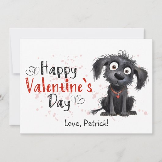 Schattige Cartoon Zwart Puppy Gelukkig Valentijns  Feestdagenkaart (Voorkant)