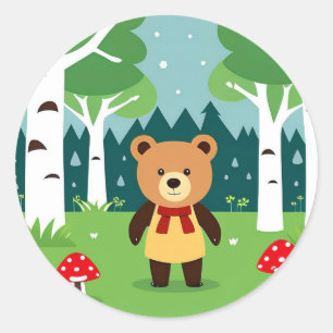 Schattige Cartoonbeer in een Magisch Bos Scene Ronde Sticker