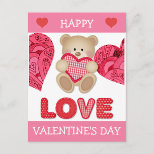 Schattige Cartoonbeer Roze Rode Harten Valentijnsd Briefkaart