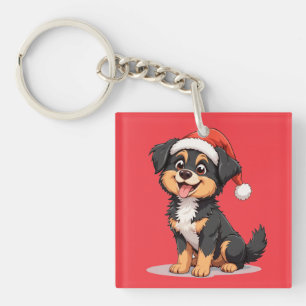 Schattige Cartoonhond met een Kerstmannenhoed Sleutelhanger