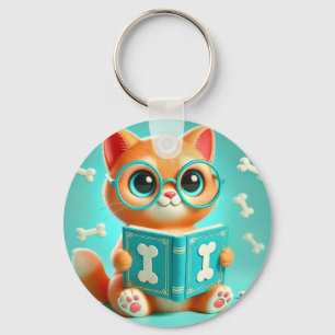 Schattige Cartoonkat Leest een Boek Sleutelhanger