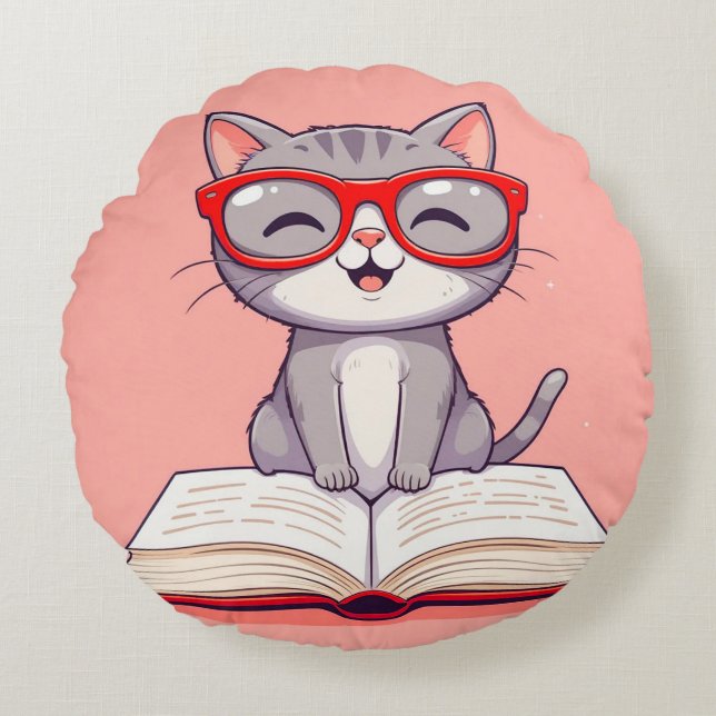 Schattige Cartoonkat met Bril Rond Kussen (Voorkant)