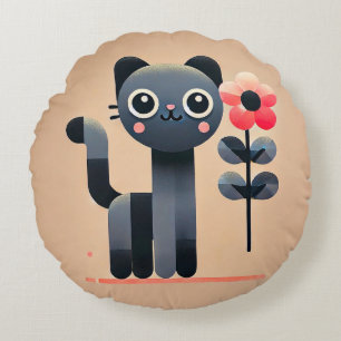 Schattige Cartoonkat met een Bloem Rond Kussen