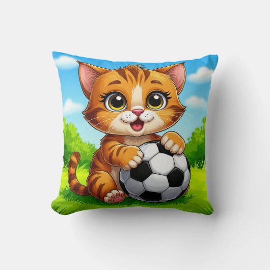 Schattige Cartoonkat met Voetbal Kussen (Voorkant)