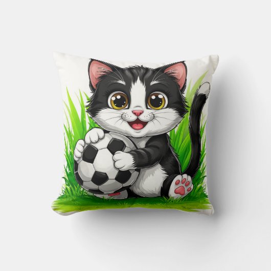 Schattige Cartoonkat met Voetbal Kussen (Voorkant)