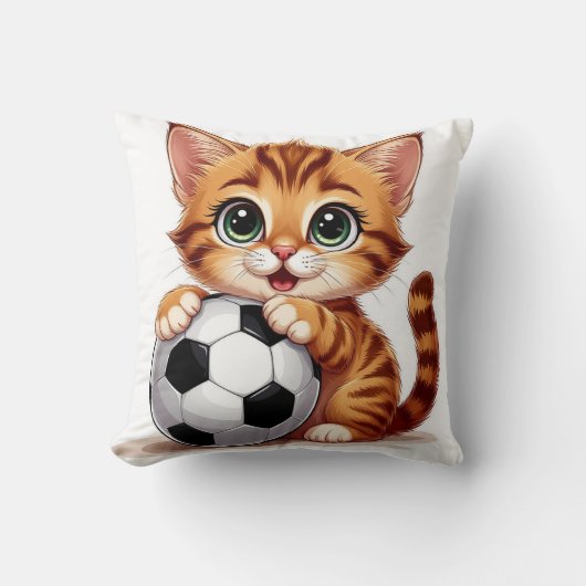 Schattige Cartoonkat met Voetbal Kussen (Voorkant)