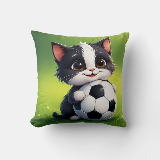 Schattige Cartoonkat met Voetbal Kussen (Voorkant)
