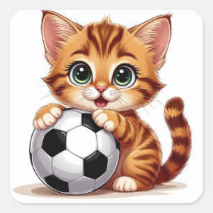 Schattige Cartoonkat met Voetbal Vierkante Sticker