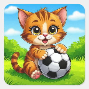 Schattige Cartoonkat met Voetbal Vierkante Sticker