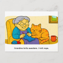 Schattige Cartoonkat Rustend op Breiende Oma Briefkaart