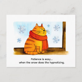 Schattige Cartoonkat zittend bij besneeuwd raam Briefkaart