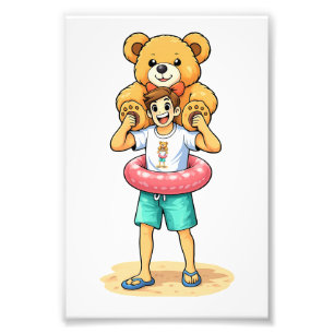 Schattige Cartoonman met Reusachtige Teddybeer Zom Foto Afdruk