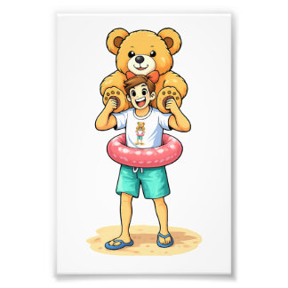 Schattige Cartoonman met Reusachtige Teddybeer Zom Foto Afdruk