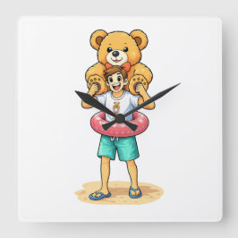 Schattige Cartoonman met Reusachtige Teddybeer Zom Vierkante Klok