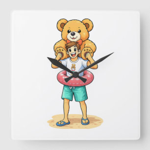 Schattige Cartoonman met Reusachtige Teddybeer Zom Vierkante Klok